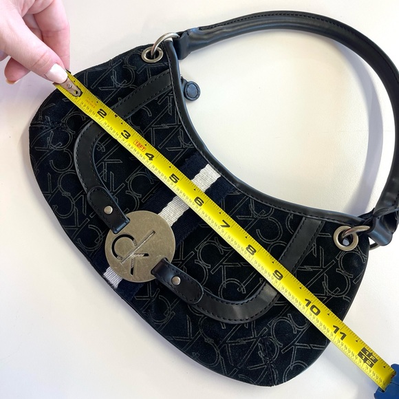 Vintage Y2K Calvin Klein Black Mini Monogram Suede Shoulder Baguette Bag Purse - Picture 6 of 9